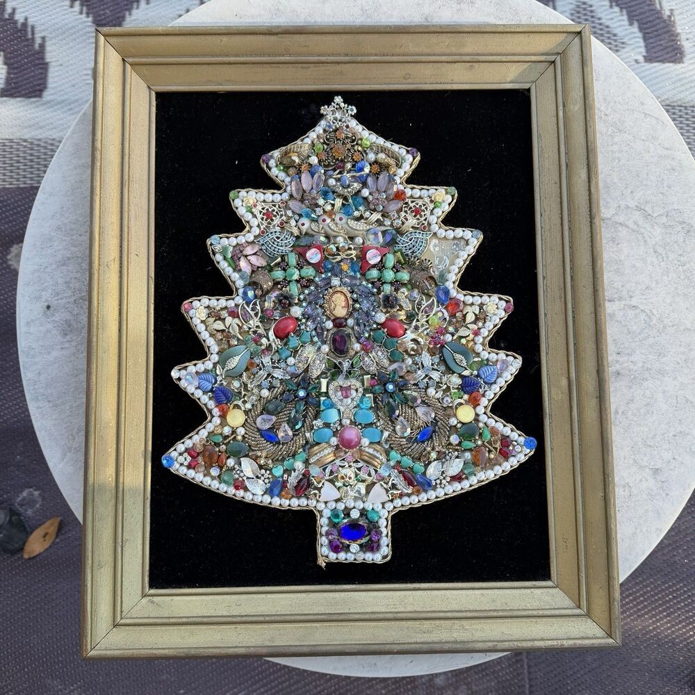Large Vintage Jewelry Christmas Tree Framed Art w Rhinestones Pearls Beads